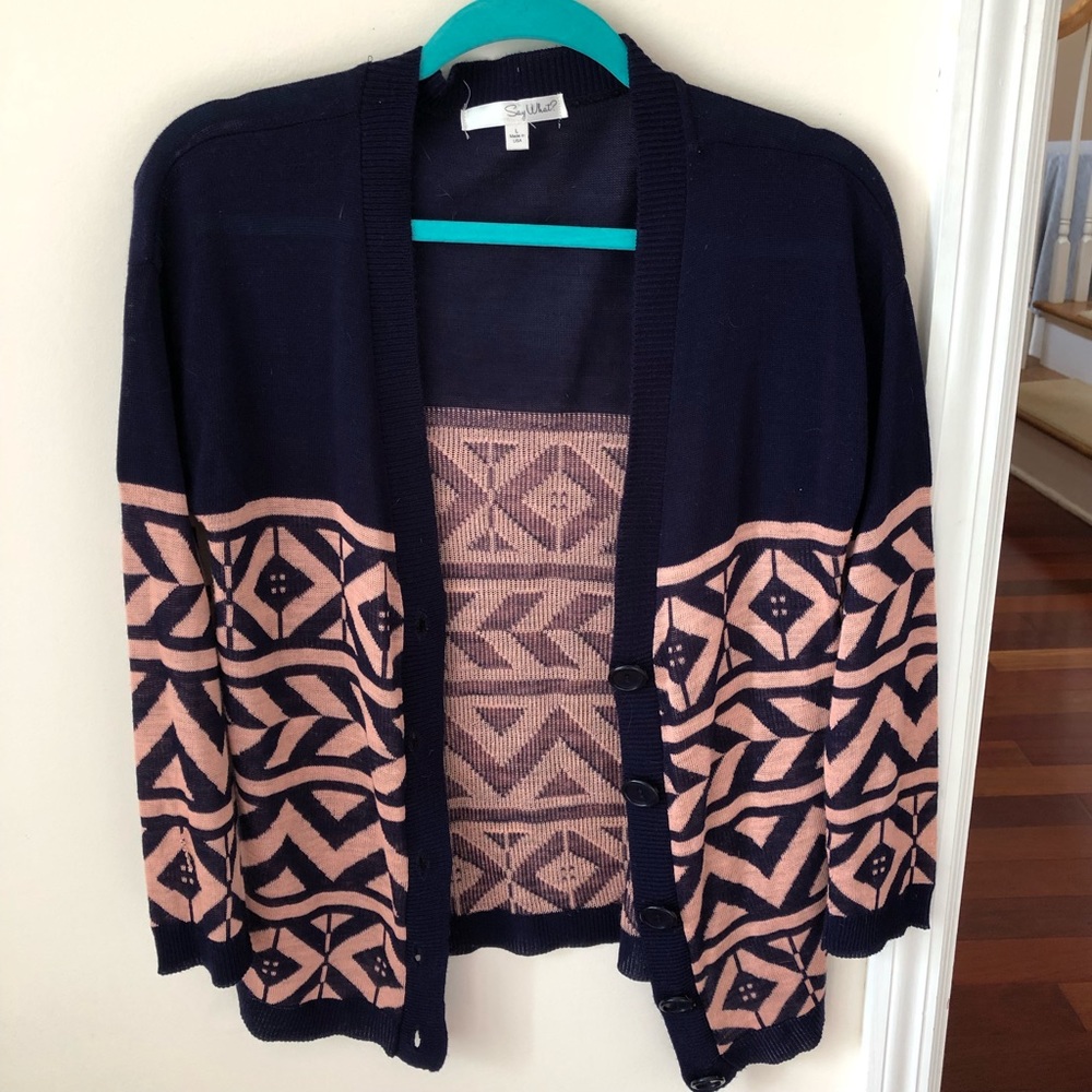 Women’s Pink & Navy Blue Chevron Patterned Flowy Open Front Cardigan